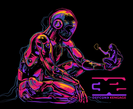 def con 32 theme logo. the theme is 'engage'. a large robot gently holds a femme figure as if to speak to her.